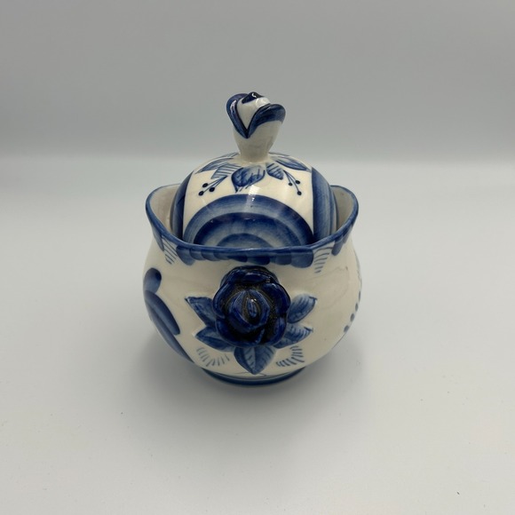 Russian GZHEL Porcelain Blue White Sugar Candy Bowl Lid Vintage Handmade Painted - Picture 4 of 13